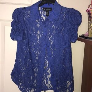 Lace short sleeve button down blouse